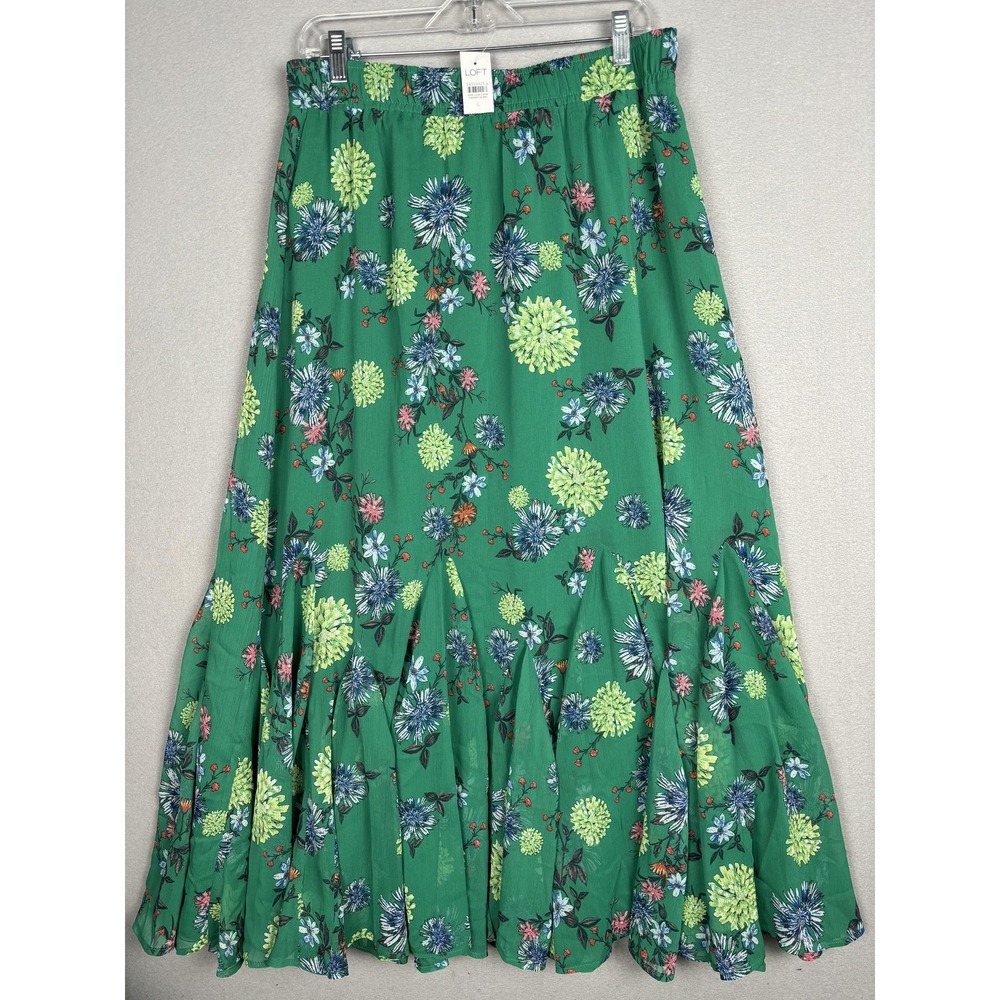 LOFT Skirt Womens Large Green Floral Chiffon Maxi Flare Elastic Waist Lined New